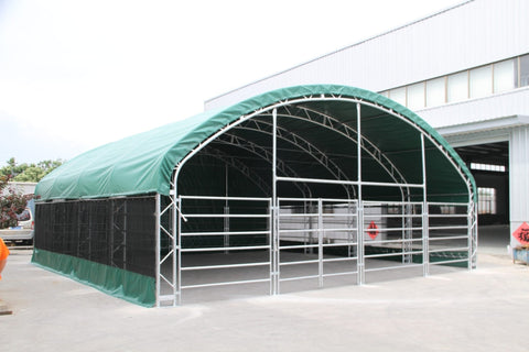 large horse and animal fabric livestock shelter with green canopy
40x40x16 ft livestock shelter with steel frame for farm use
durable green canopy shelter for animals and hay storage
portable barn for cattle and horses with weatherproof cover
livestock storage structure for farm equipment and feed