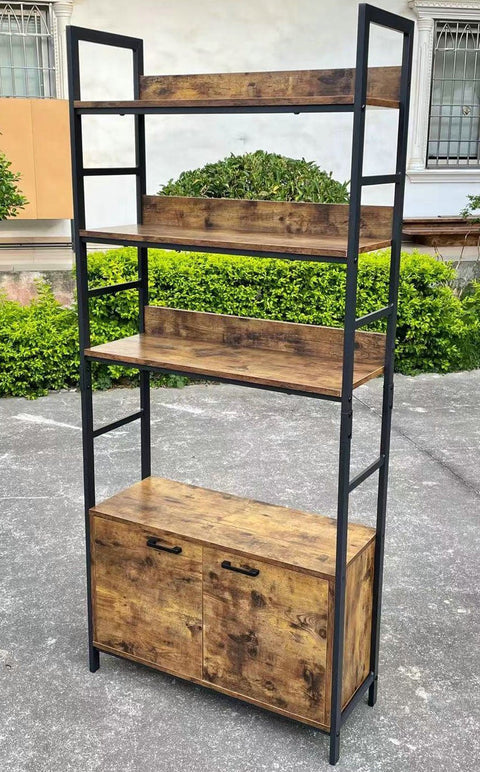 "Industrial 3-tier bookcase with wood shelves and double-door storage cabinets – rustic ladder shelf design – Model TLBC2103"