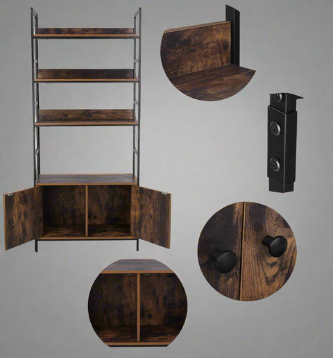 "Industrial 3-tier bookcase with wood shelves and double-door storage cabinets – rustic ladder shelf design – Model TLBC2103"