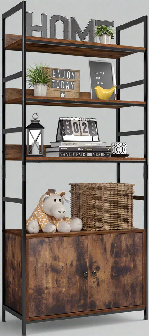 "Industrial 3-tier bookcase with wood shelves and double-door storage cabinets – rustic ladder shelf design – Model TLBC2103"