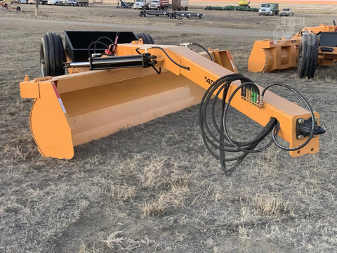 Industries America pull-type 12 FT grader scraper on gravel field
Heavy-duty 14 FT grader scraper with hydraulic control arms
16 FT grader scraper leveling rural construction site
Side view of orange pull-type grader scraper for tractors
Durable steel blade grader scraper with triple reinforced frame