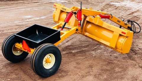 Industries America pull-type 12 FT grader scraper on gravel field
Heavy-duty 14 FT grader scraper with hydraulic control arms
16 FT grader scraper leveling rural construction site
Side view of orange pull-type grader scraper for tractors
Durable steel blade grader scraper with triple reinforced frame