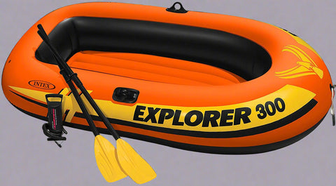 Intex Explorer 300 inflatable boat top view
3-person orange inflatable raft with oars
Durable vinyl inflatable boat for lake or pool
Explorer 300 model 58332NP with grab rope
Lightweight and compact Intex boat