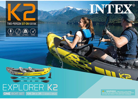 Intex Explorer K2 inflatable kayak on water with paddles
Top view of Explorer K2 kayak with seats and pump
Close-up of inflatable cockpit seats
Full kayak set with oars, pump, and skeg
Explorer K2 in yellow – packaged with accessories