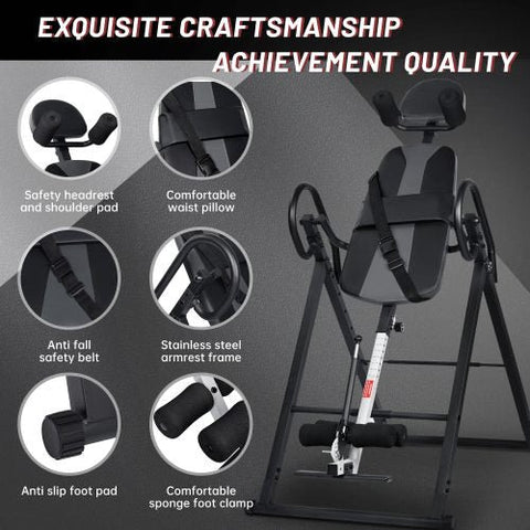 Inversion Table with Foam Padded Back and Handles
Foldable Inversion Table for Back Pain Relief
Heavy-Duty Inversion Frame with Ankle Lock
User Demonstrating Inversion Therapy at Home
Safety Lock Mechanism and Folded View
