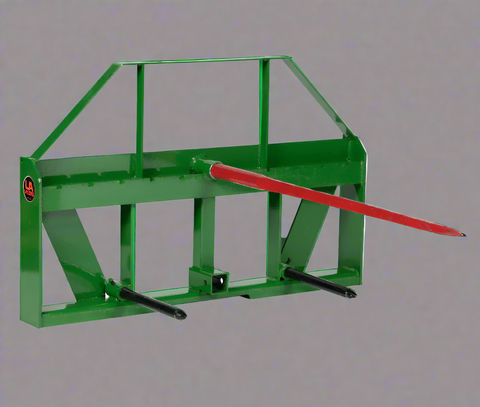 John Deere Euro Global 2-in-1 hay spear and pallet fork combo in use
Front view of the green hay spear attachment
Close-up of pallet fork mount
Forklift-style prongs on John Deere combo attachment
Side view of the detachable hay spear