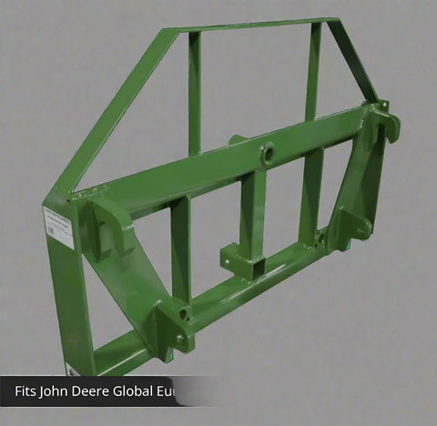 John Deere Euro Global 2-in-1 hay spear and pallet fork combo in use
Front view of the green hay spear attachment
Close-up of pallet fork mount
Forklift-style prongs on John Deere combo attachment
Side view of the detachable hay spear