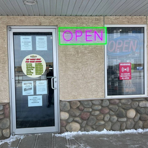 “Jumbo neon LED open sign hanging in storefront window”
“Close-up of waterproof bright open sign for business”
“High visibility LED open sign with pink and green lighting”
