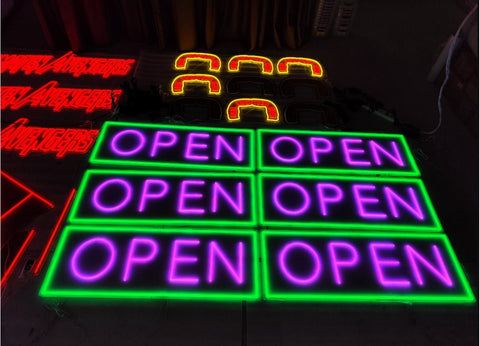 “Jumbo neon LED open sign hanging in storefront window”
“Close-up of waterproof bright open sign for business”
“High visibility LED open sign with pink and green lighting”