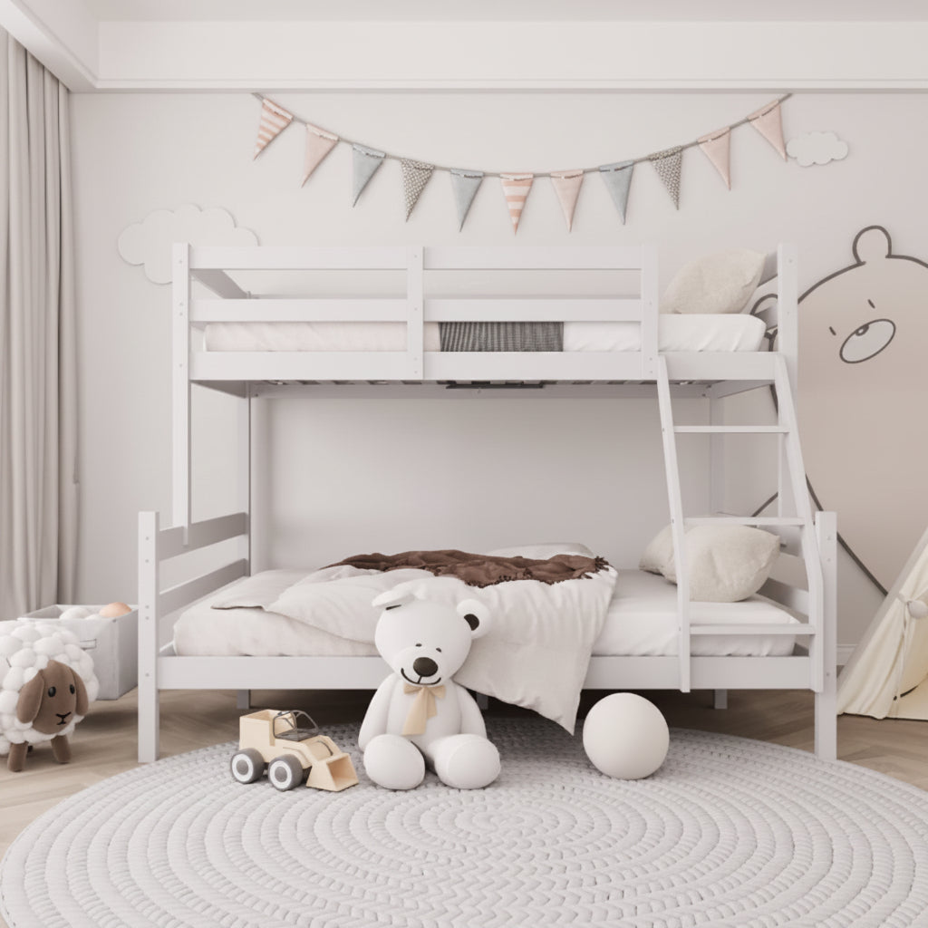 “Twin over full gray and white pine wood bunk bed”
“Modern kids bunk bed with solid wood frame”
“Space-saving bunk bed for children in gray white finish”