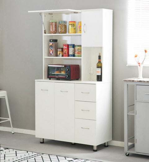 "Freestanding white wood kitchen pantry cabinet with adjustable shelves, drawers, and doors – Model 113221"