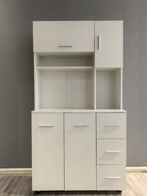 "Freestanding white wood kitchen pantry cabinet with adjustable shelves, drawers, and doors – Model 113221"