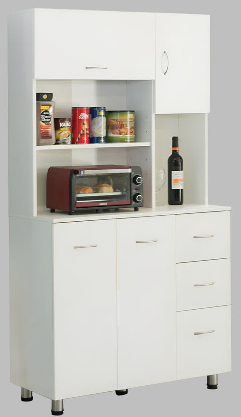 "Freestanding white wood kitchen pantry cabinet with adjustable shelves, drawers, and doors – Model 113221"