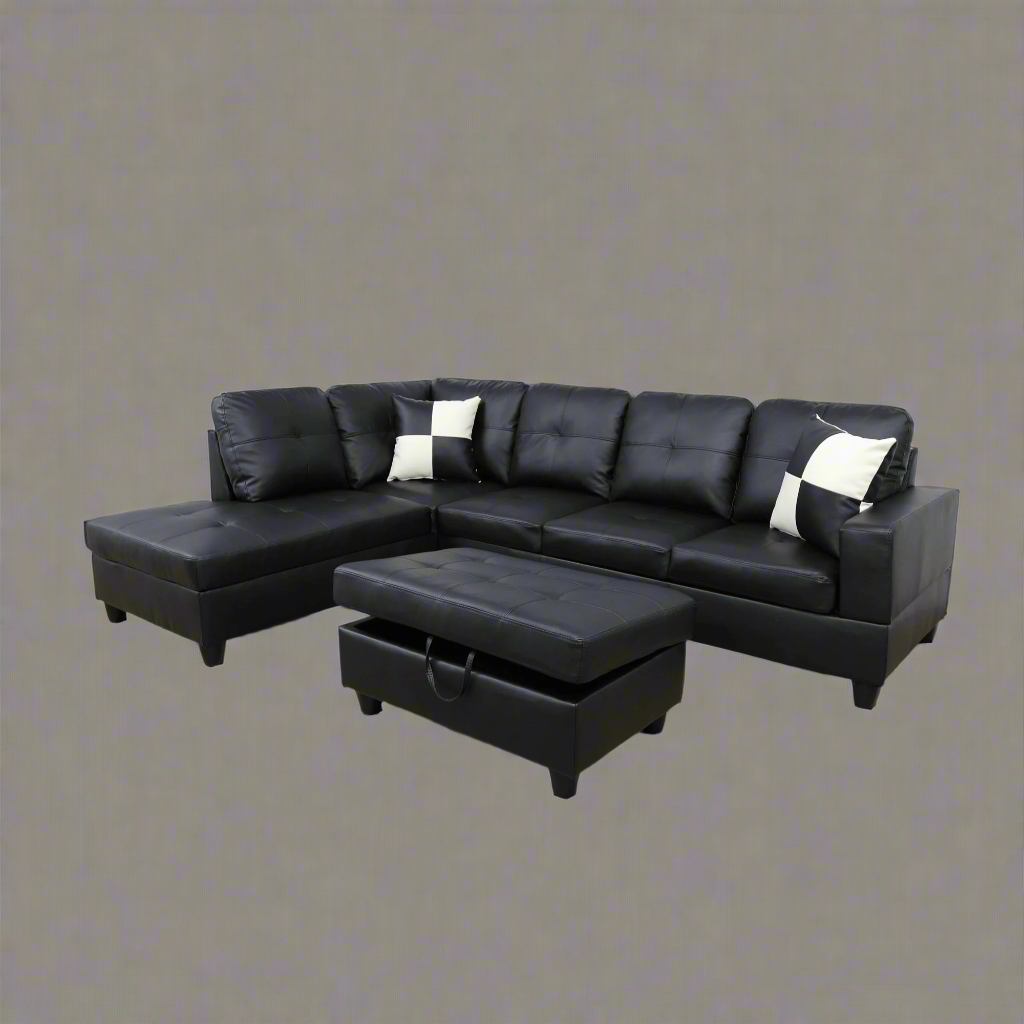 Modern L-Shaped Sectional Sofa with Ottoman - Right Facing Configuration
Living Room Setup with Black L-Shaped Sectional and Ottoman
Tufted Cushion Detail on Modern Sectional Sofa
Family Room with White L-Shaped Sectional Sofa