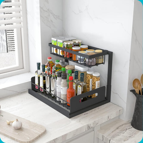 L-shaped under sink organizer with sliding drawer and tall bottles
Organizer under kitchen sink showing fit around plumbing
Close-up of smooth-sliding drawer design
Organizer loaded with cleaning supplies and sponges
Multi-angle view of assembled rack in modern kitchen