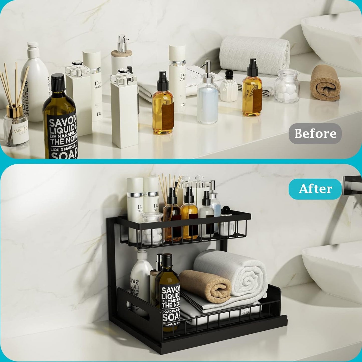 L-shaped under sink organizer with sliding drawer and tall bottles
Organizer under kitchen sink showing fit around plumbing
Close-up of smooth-sliding drawer design
Organizer loaded with cleaning supplies and sponges
Multi-angle view of assembled rack in modern kitchen