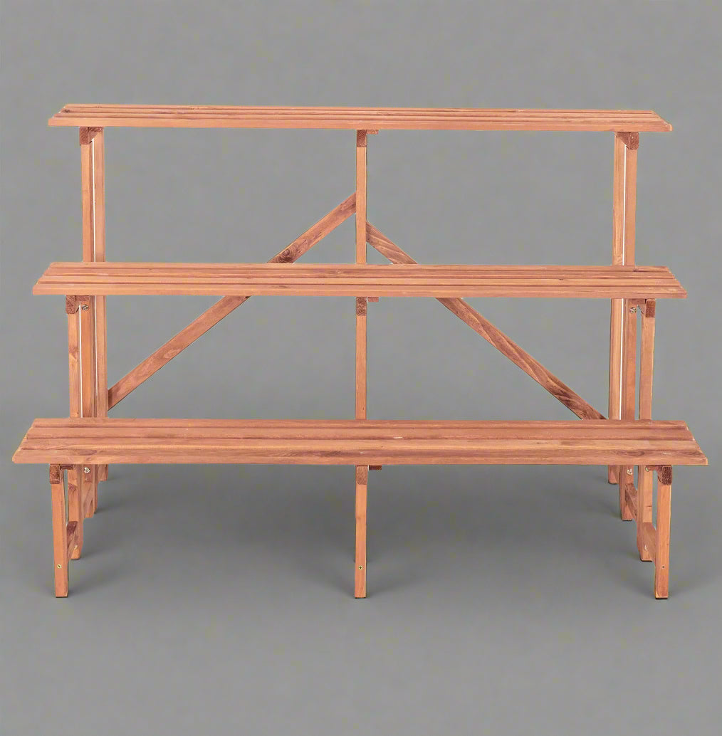 Front view of 4FT 3-tier wooden plant stand
Rustic wooden plant display shelf for outdoor use
Three-tier plant stand holding potted plants
Indoor wooden plant organizer with brown finish
Collapsible garden display rack for patio and balcony