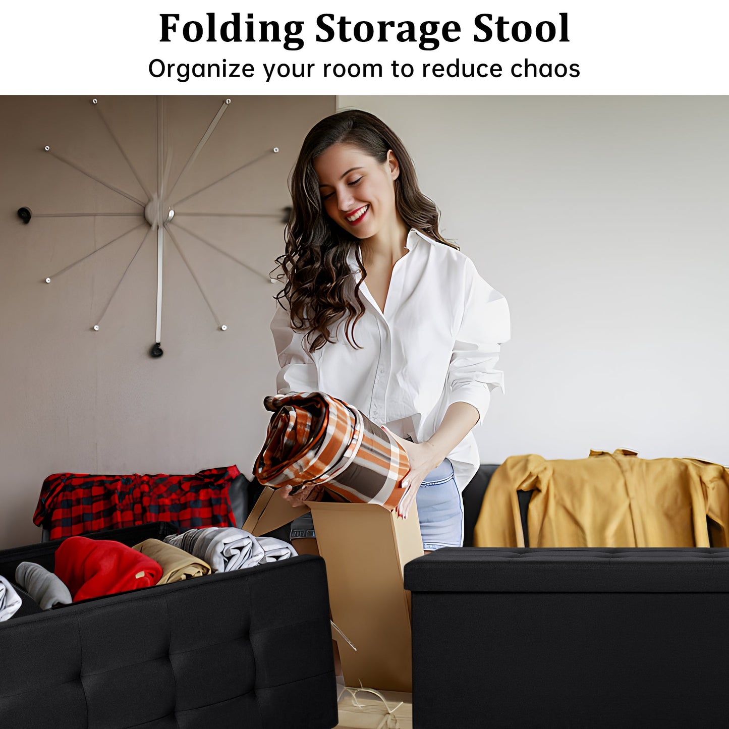 Large foldable black ottoman bench with tufted top
Hidden storage chest bench for bedroom or hallway
Black storage ottoman with modern tufted seat design