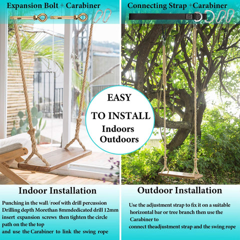 Wooden hanging swing set with ropes for indoor and outdoor use
Eco-friendly wooden swing with adjustable ropes and carabiners
Large porch swing seat made from natural wood
Swing set with complete mounting hardware and tree straps
Sturdy wooden swing supporting up to 300 lbs for adults and kids