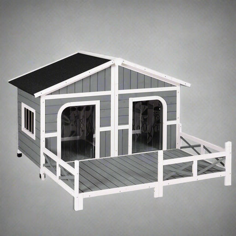 Large wooden raised outdoor dog house with porch – cabin-style weatherproof pet shelter