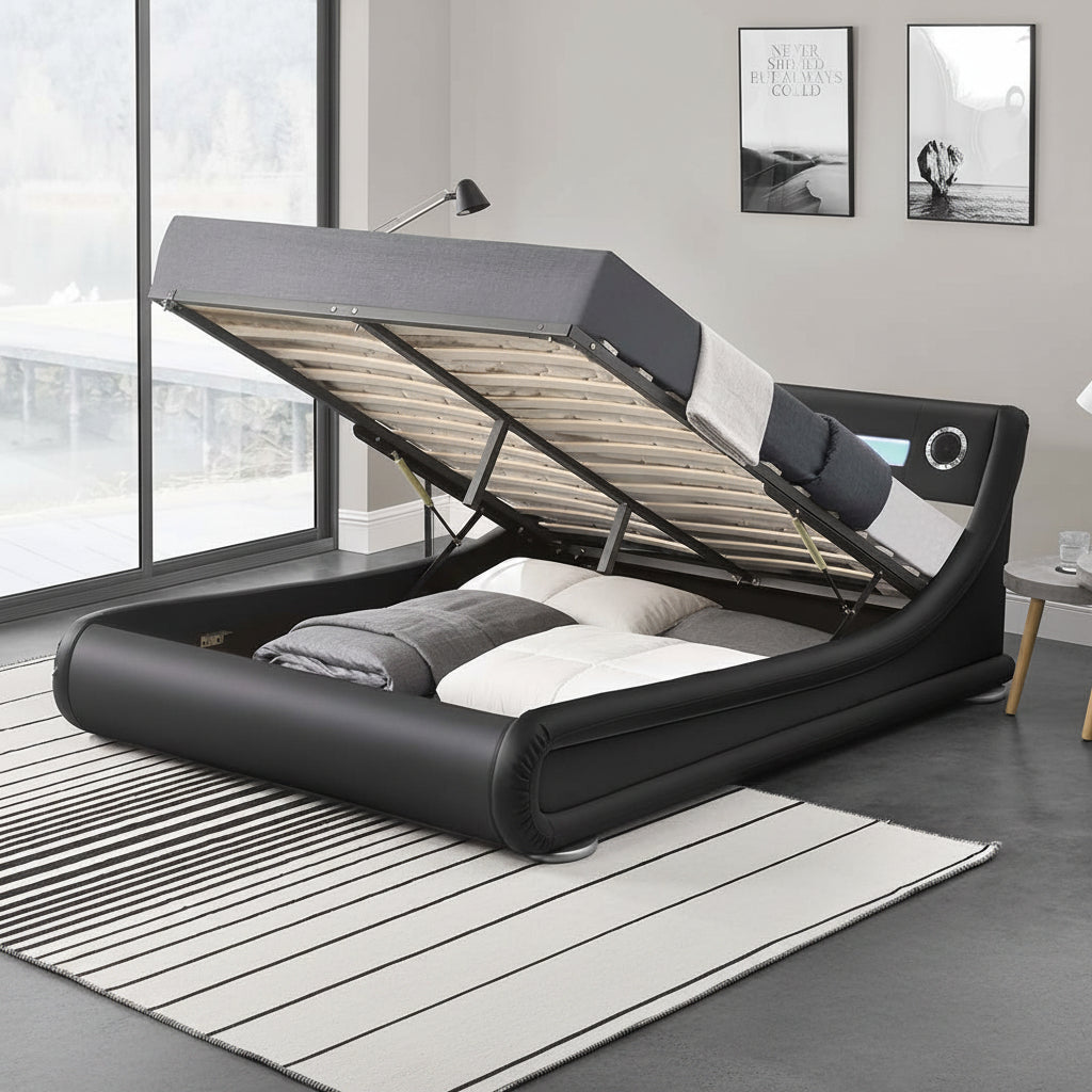 Modern black faux leather LED lift bed with Bluetooth speakers and storage – available in King and Queen