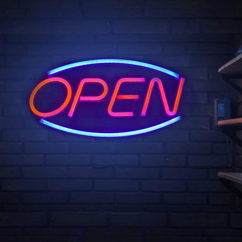“Red and blue LED open neon sign on bedroom wall”
“Decorative LED open light sign glowing in dark room”
“Compact wall-mount LED open sign for stores or home use”