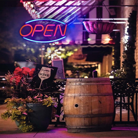 “Red and blue LED open neon sign on bedroom wall”
“Decorative LED open light sign glowing in dark room”
“Compact wall-mount LED open sign for stores or home use”