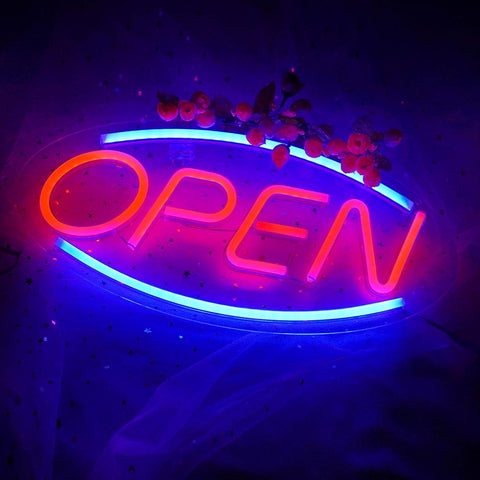 “Red and blue LED open neon sign on bedroom wall”
“Decorative LED open light sign glowing in dark room”
“Compact wall-mount LED open sign for stores or home use”