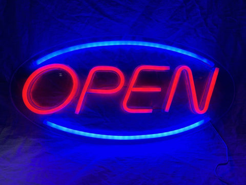 “Red and blue LED open neon sign on bedroom wall”
“Decorative LED open light sign glowing in dark room”
“Compact wall-mount LED open sign for stores or home use”