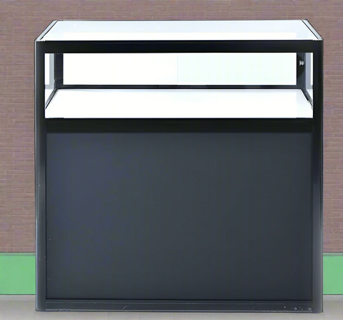 Black LED portable folding display case front view 925520
Retail display cabinet with aluminum frame and bottom storage
Folding display case with LED lights for exhibitions and trade shows
Top view of LED showcase cabinet with glass top
Side profile of portable black retail cabinet with LED illumination