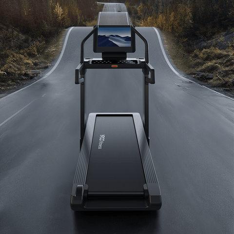 MS MAX folding treadmill side view with 21.5" display
Treadmill showing incline range and TFT screen
Foldable treadmill in compact storage position
High-speed treadmill with digital controls
Wide deck treadmill for joint support