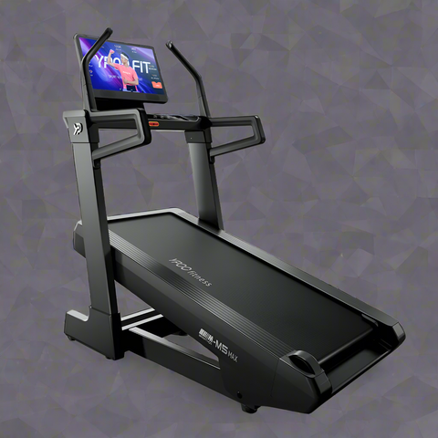 MS MAX folding treadmill side view with 21.5" display
Treadmill showing incline range and TFT screen
Foldable treadmill in compact storage position
High-speed treadmill with digital controls
Wide deck treadmill for joint support