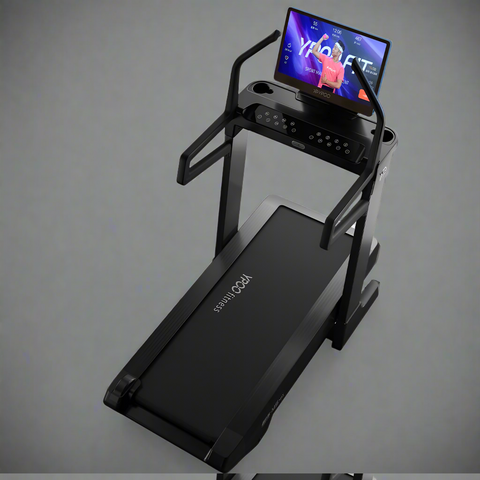 MS MAX folding treadmill side view with 21.5" display
Treadmill showing incline range and TFT screen
Foldable treadmill in compact storage position
High-speed treadmill with digital controls
Wide deck treadmill for joint support