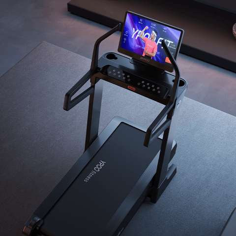MS MAX folding treadmill side view with 21.5" display
Treadmill showing incline range and TFT screen
Foldable treadmill in compact storage position
High-speed treadmill with digital controls
Wide deck treadmill for joint support