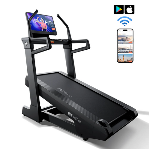 MS MAX folding treadmill side view with 21.5" display
Treadmill showing incline range and TFT screen
Foldable treadmill in compact storage position
High-speed treadmill with digital controls
Wide deck treadmill for joint support