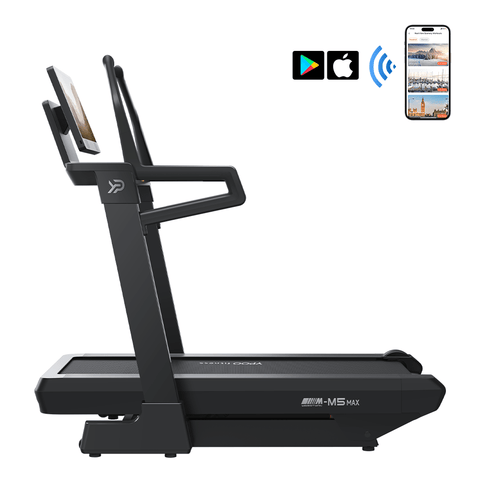 MS MAX folding treadmill side view with 21.5" display
Treadmill showing incline range and TFT screen
Foldable treadmill in compact storage position
High-speed treadmill with digital controls
Wide deck treadmill for joint support