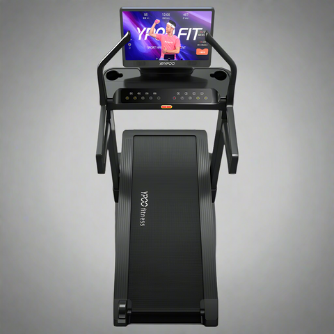 MS MAX folding treadmill side view with 21.5" display
Treadmill showing incline range and TFT screen
Foldable treadmill in compact storage position
High-speed treadmill with digital controls
Wide deck treadmill for joint support