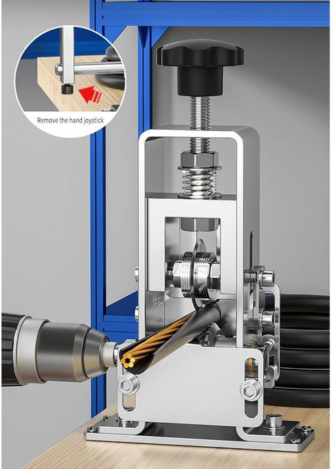 Dual-mode wire stripping machine – front view
Electric wire stripper with manual crank
Compact wire stripper with cable in slot
Manual & electric cable peeler – operation example
Drill-compatible wire stripping machine full kit