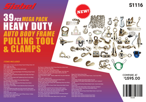 39-piece auto body clamp and pulling set displayed with all components
Heavy-duty frame clamps and chains for collision repair
Durable storage case for auto body pulling kit
Close-up of hooks and pullers in professional repair setup
Steel construction tools for frame straightening