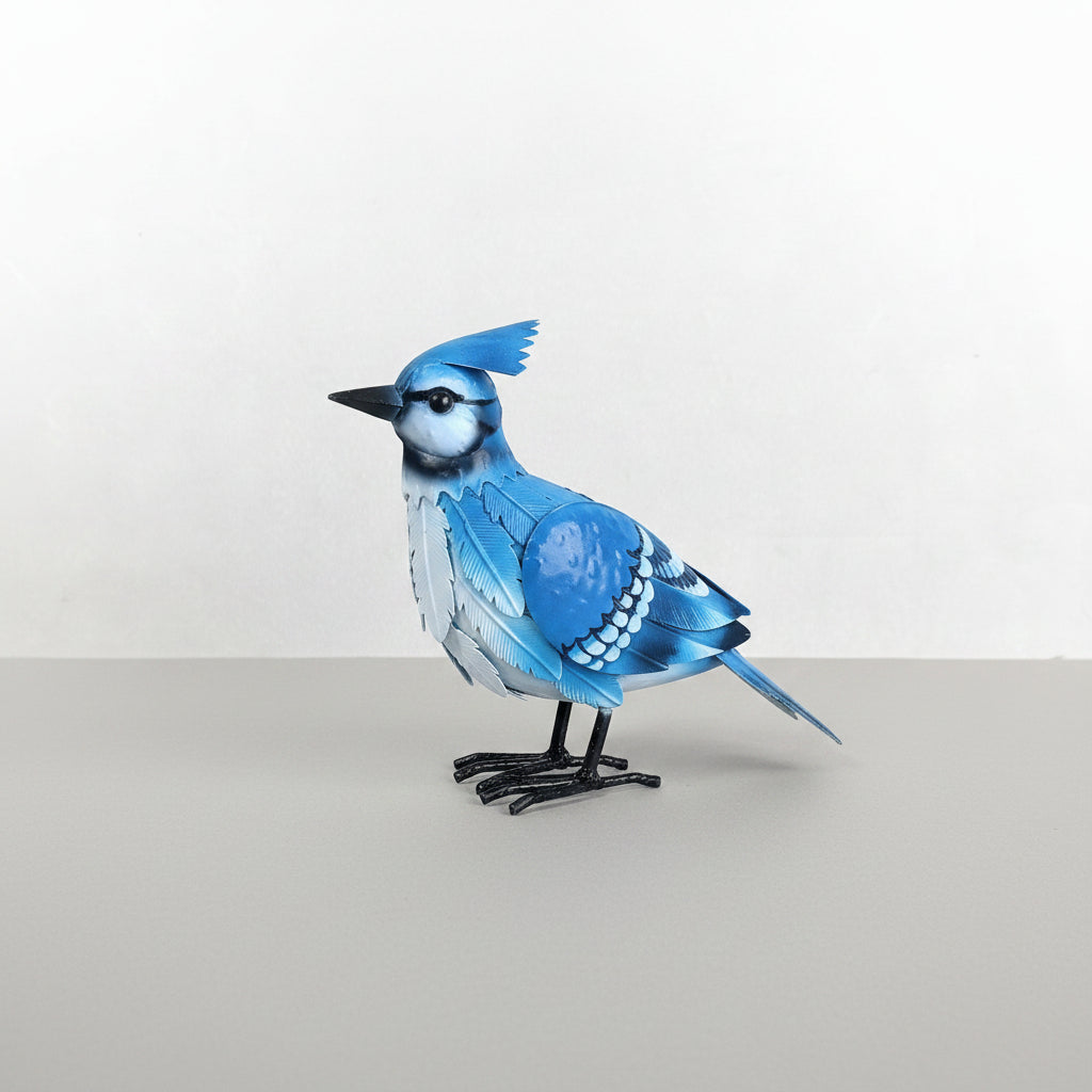 Blue Jay Figurine: Blue Metal Blue Jay Bird Sculpture – Outdoor Garden Art
Both Birds: Set of Metal Bird Yard Art Statues – Red Cardinal & Blue Jay
Close-ups: Close-Up View of Hand-Painted Outdoor Bird Figurines