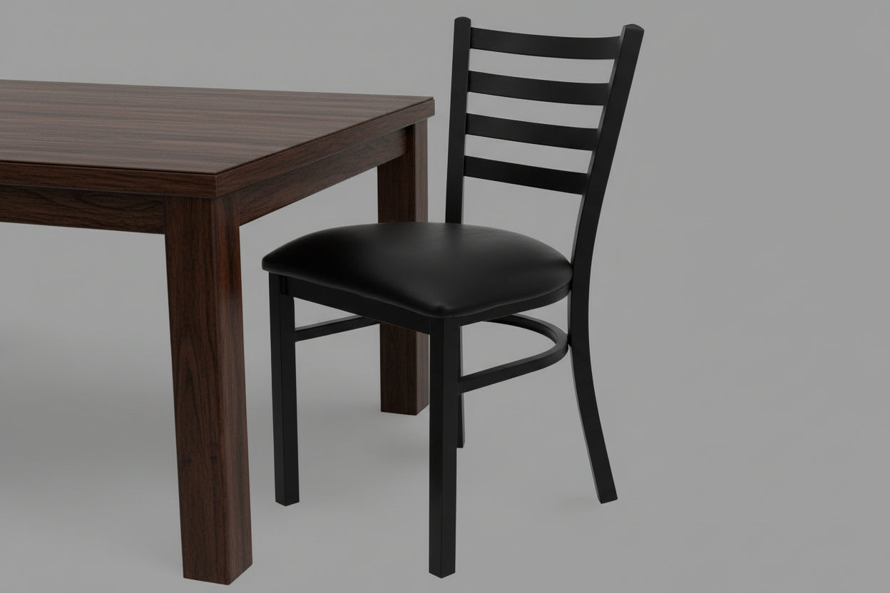 Black Metal Restaurant Chair with Padded Seat – Front View
Side Profile of Commercial Dining Chair – Ladder Back Design
Stackable Black Metal Chair with Cushioned Seat
Commercial Dining Chair for Café or Restaurant Setting