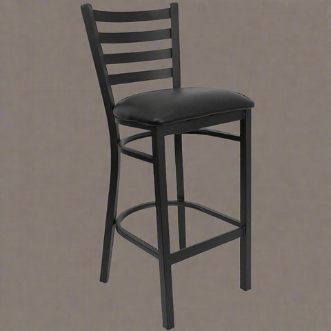 Black metal bar stool with low-back and vinyl seat
SG60002T restaurant chair – side view
Commercial bar stool with padded seat and ladder-back
Stackable metal bar chairs for bar and kitchen
Durable black powder-coated steel bar stool