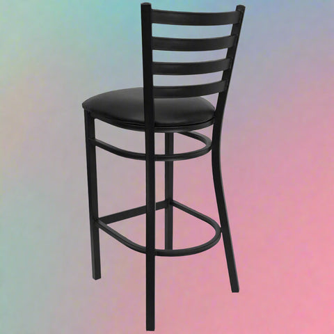 Black metal bar stool with low-back and vinyl seat
SG60002T restaurant chair – side view
Commercial bar stool with padded seat and ladder-back
Stackable metal bar chairs for bar and kitchen
Durable black powder-coated steel bar stool