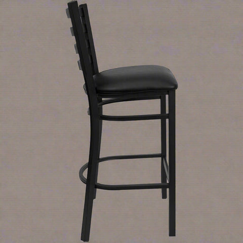 Black metal bar stool with low-back and vinyl seat
SG60002T restaurant chair – side view
Commercial bar stool with padded seat and ladder-back
Stackable metal bar chairs for bar and kitchen
Durable black powder-coated steel bar stool