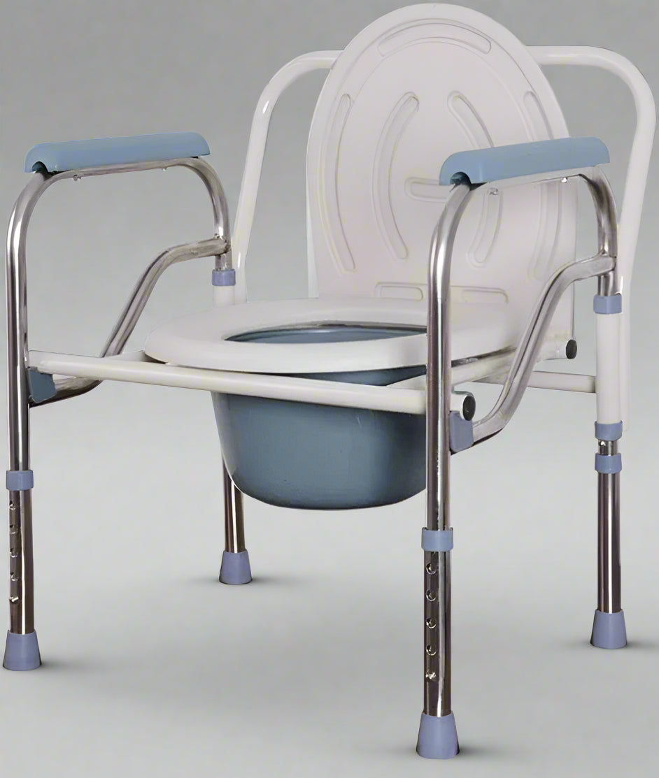 Mobile Commode Chair – Full Front View
Portable Toilet Chair with Removable Bucket
Adjustable Commode for Elderly Use – Side View
Commode Chair with Armrests and Padding – Close-Up