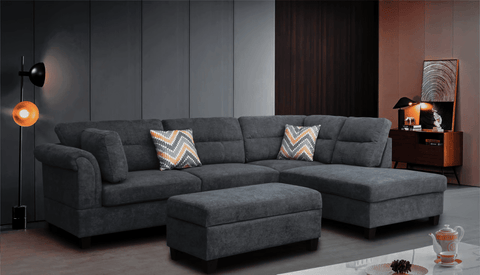 New Modern Dark Gray Sofa Set with Pillows & Ottoman – Stylish & Comfortable Living Room Furniture BT1926 - with Left | Sold by Uncle Wiener's Wholesale