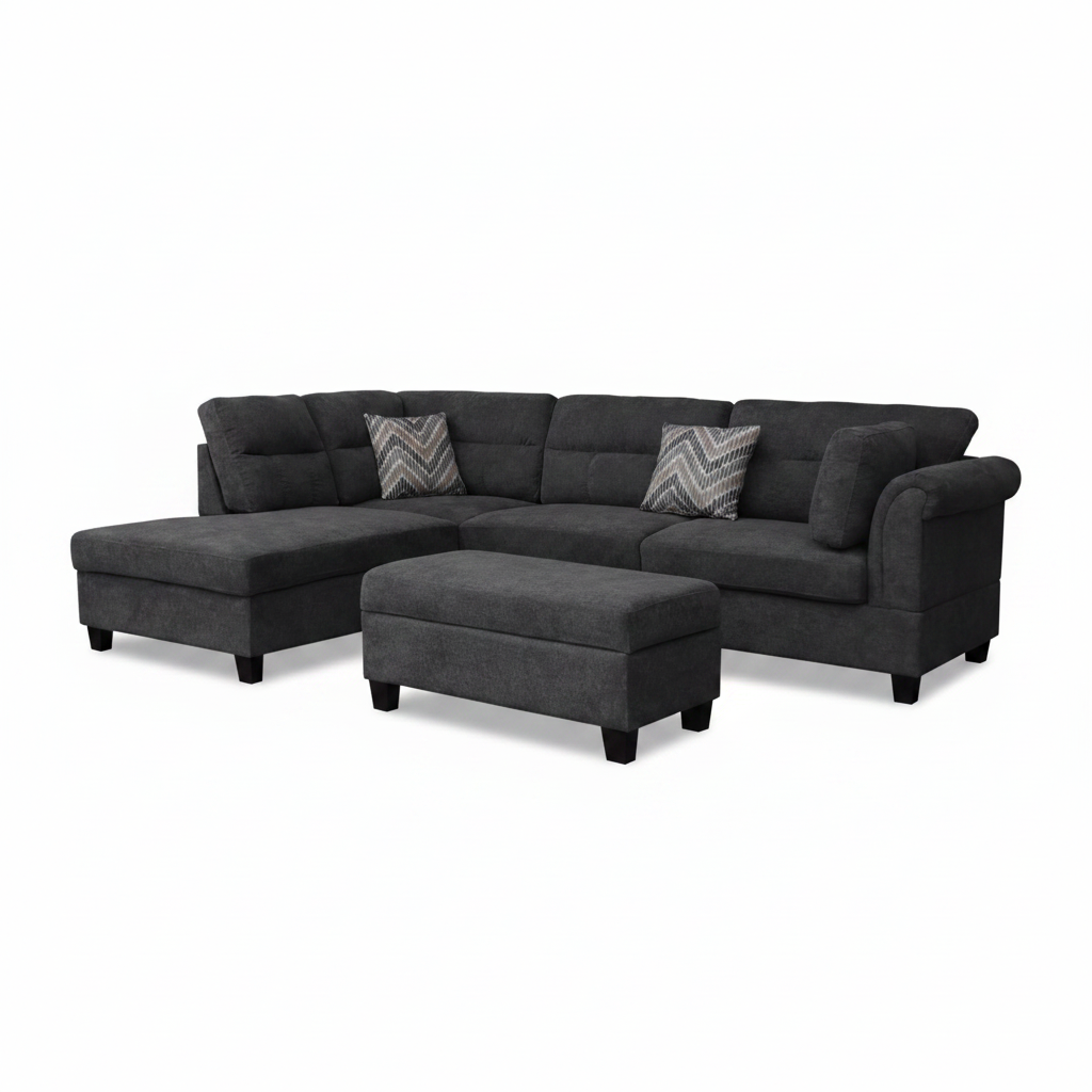 New Modern Dark Gray Sofa Set with Pillows & Ottoman – Stylish & Comfortable Living Room Furniture BT1926 - with Right | Sold by Uncle Wiener's Wholesale