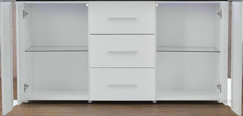 Black high gloss LED TV cabinet in living room setup
White buffet sideboard with drawers and LED lights
Modern entertainment unit with glass shelving and TV
LED color lighting demo of high gloss sideboard
Back view of storage cabinet setup
Removable center shelf in TV cabinet
Interior drawer and shelving details