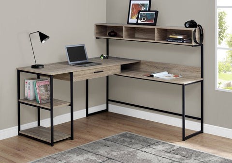 "Modern L-shaped home office desk with wood grain finish"
"Corner workstation desk with metal frame and storage shelves"
"White modern L-shaped computer desk for home office"
"Spacious workstation setup with storage shelving"
"Home office desk with wood grain surface and black frame"