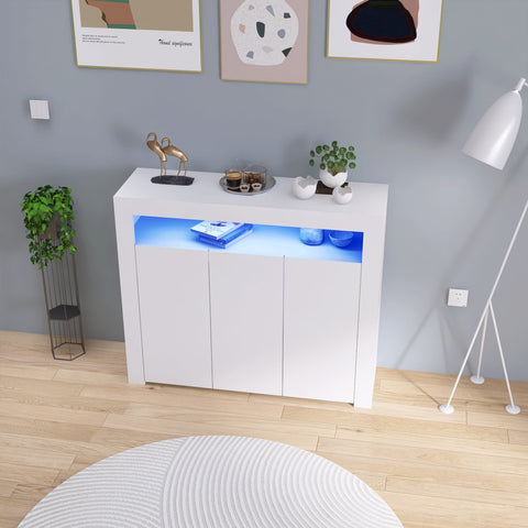 Black LED gloss sideboard in living room with lights on
White gloss LED storage cabinet with soft glow
Close-up of cabinet doors with glossy finish
Side angle showing multicolor LED lighting
Living room setup with LED sideboard beneath TV
White version styled in modern kitchen